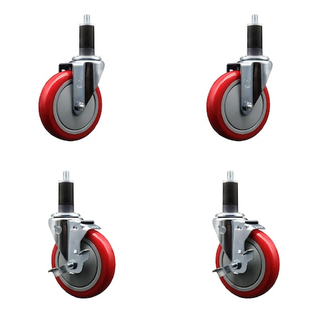 Service Caster 5'' SS Red Poly Wheel Swivel 1-1/4'' Expanding Stem Caster Set 2 Brakes, 4PK SCC-SSEX20S514-PPUB-RED-2-TLB-2-114